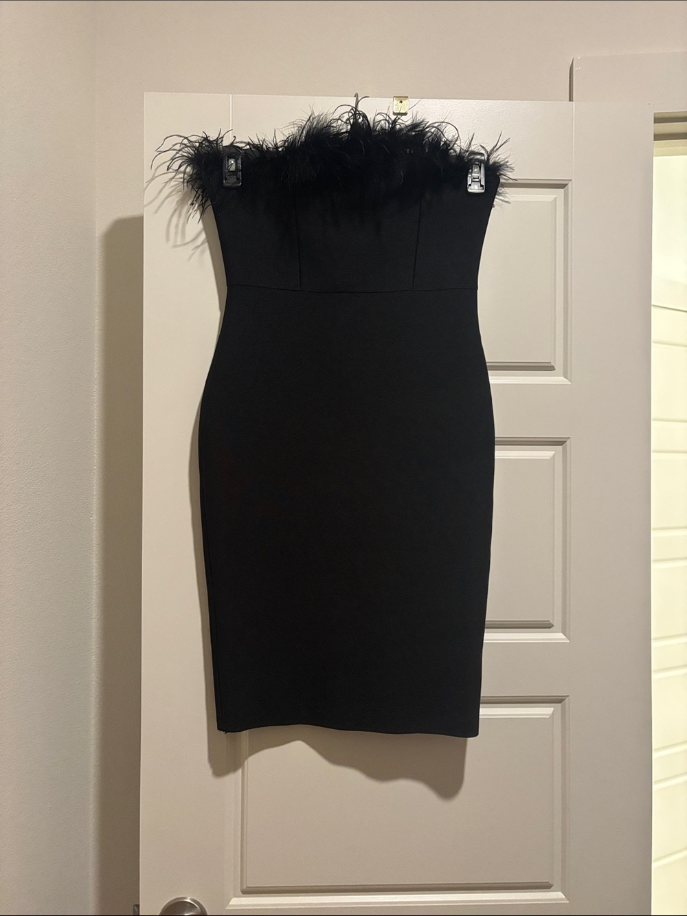 Strapless Black Feather Trim Bodycon Dress